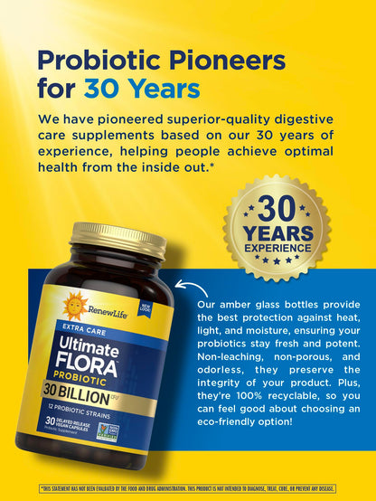 Renew Life Extra Care Digestive Probiotic Capsules – 30B CFU, 12 Strains, 30 Count