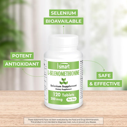 SuperSmart L-Selenomethionine 200mcg Selenium – High Absorption, Non-GMO, Gluten Free | 120 Tablets