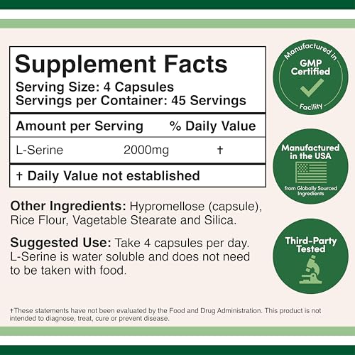 L-Serine Capsules 2,000 mg – 180 Count | Third-Party Tested | Double Wood