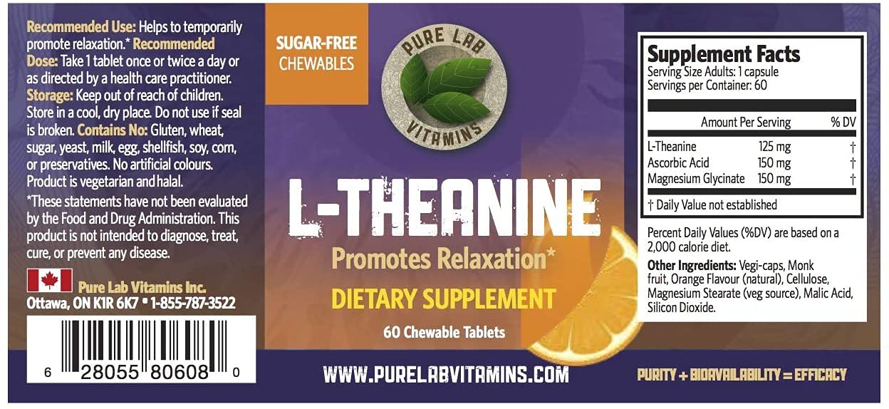 Pure Lab Vitamins L-Theanine 125 mg Chewable Tablets – 60 Sugar-Free, 30-Day Supply | Relaxation & Focus | Made in Canada