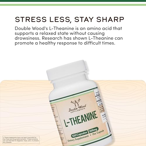L-Theanine 200mg Double Strength – 120 Caps – Sleep & Relaxation | Gluten Free, Vegan | Double Wood