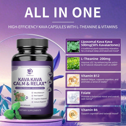 Kava Kava Root Extract - Liposomal Kava + L-Theanine, 50% Kavalactones, Sleep & Mood Support, 60ct