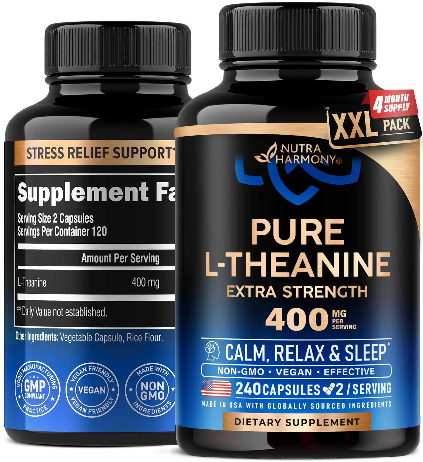 L Theanine 400 mg – Stress Relief, Relaxation & Sleep Support | Made in USA | 240 Vegan Capsules