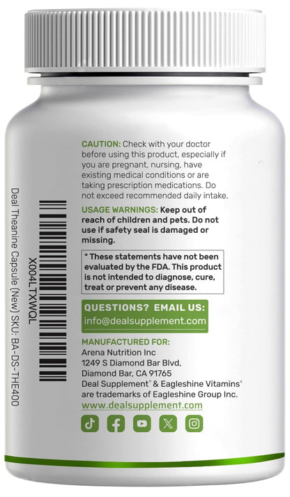 L-Theanine 400mg – 400 Caps | Extra Strength Theanine for Focus & Relaxation
