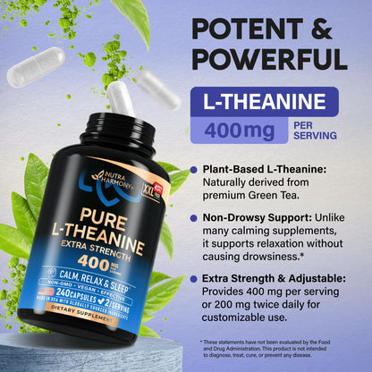 L Theanine 400 mg – Stress Relief, Relaxation & Sleep Support | Made in USA | 240 Vegan Capsules