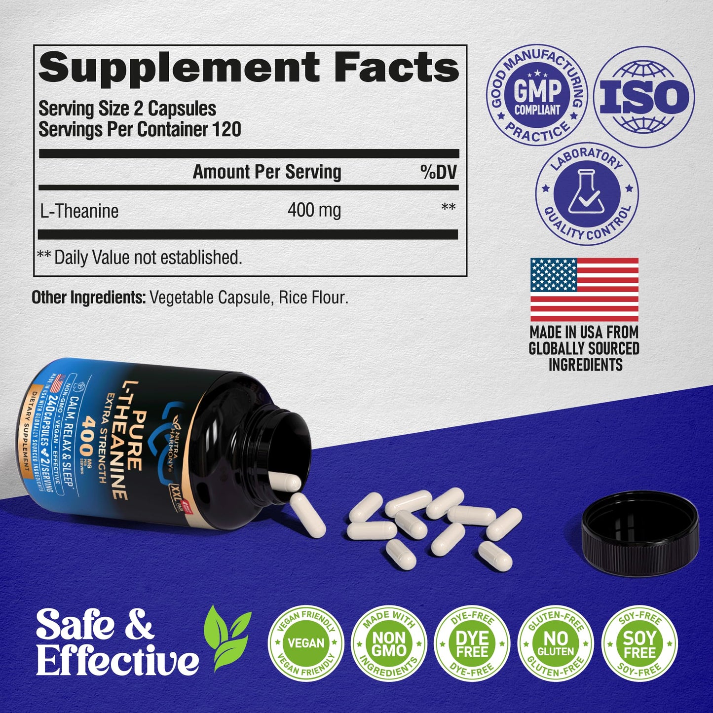 L Theanine 400 mg – Stress Relief, Relaxation & Sleep Support | Made in USA | 240 Vegan Capsules