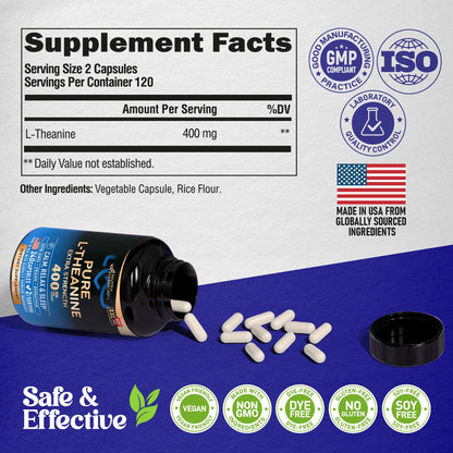 L Theanine 400 mg – Stress Relief, Relaxation & Sleep Support | Made in USA | 240 Vegan Capsules