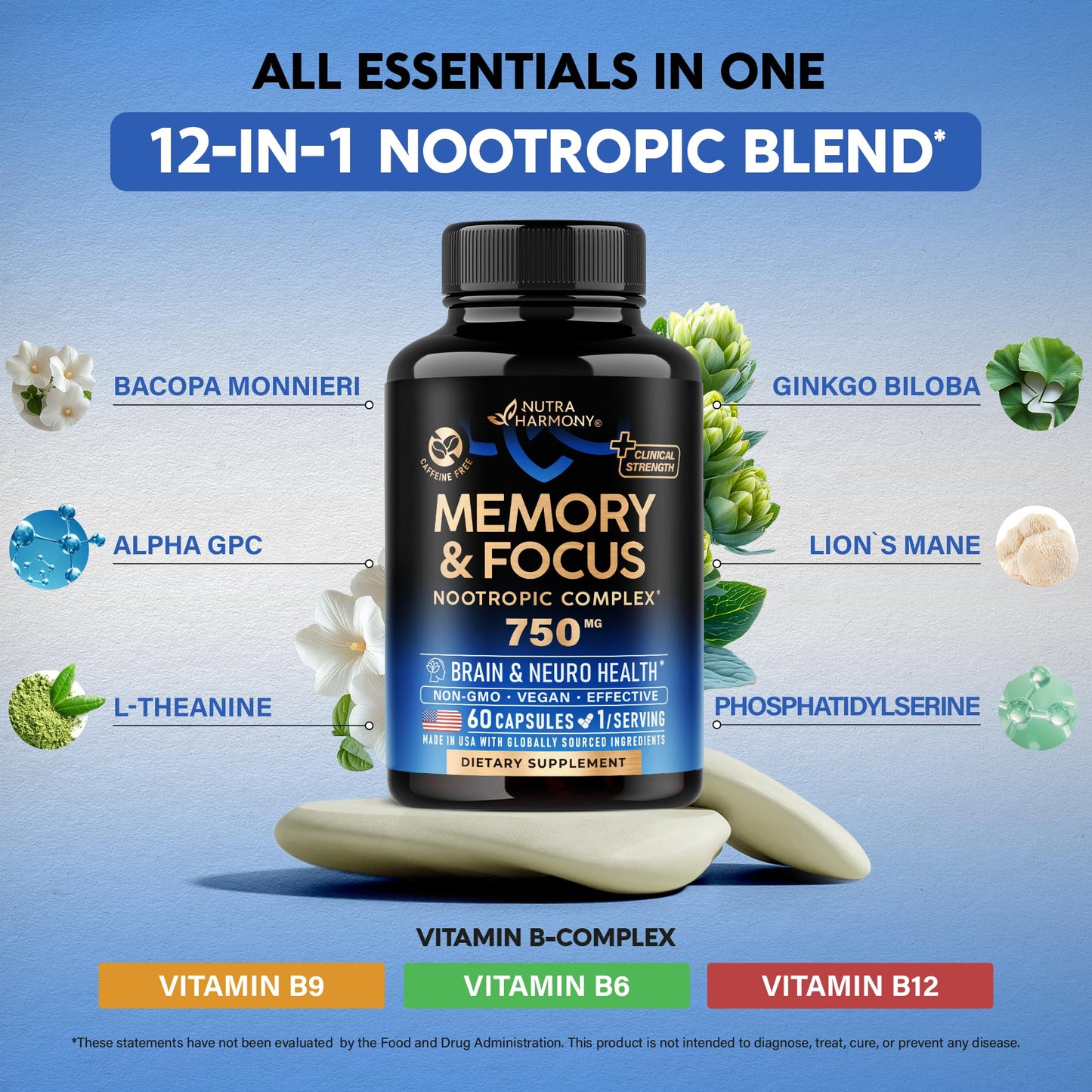 Brain Supplement 750 mg – 12-in-1 Nootropic for Memory & Focus | Made in USA, 60 Capsules