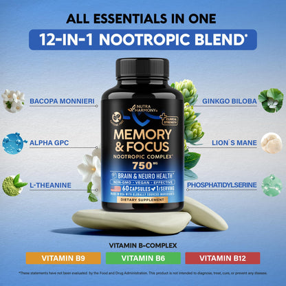 Brain Supplement 750 mg – 12-in-1 Nootropic for Memory & Focus | Made in USA, 60 Capsules