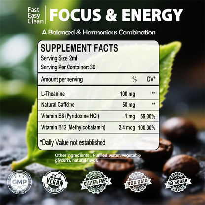 L-Theanine Caffeine Liquid Drops for Women & Men – Energy, Focus, Calm with 100mg L-Theanine, 50mg Caffeine, B12 & B6