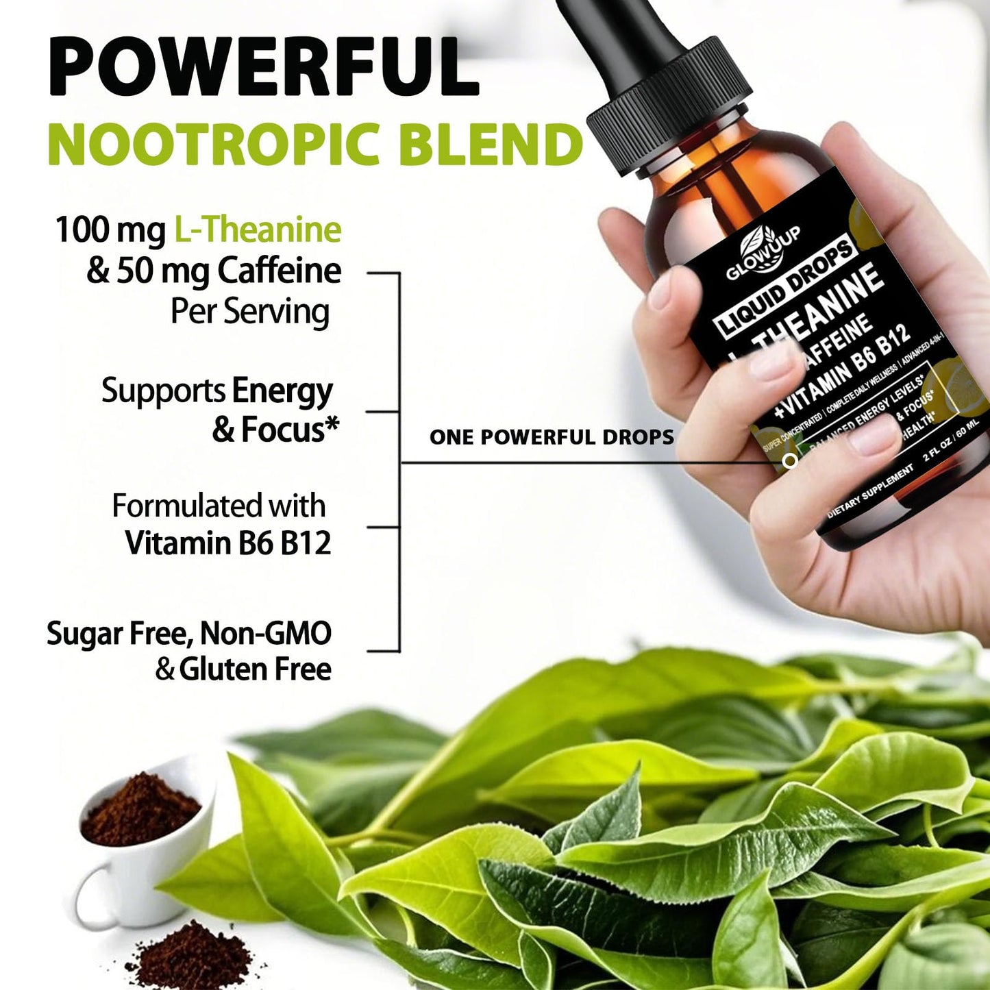 L-Theanine Caffeine Liquid Drops for Women & Men – Energy, Focus, Calm with 100mg L-Theanine, 50mg Caffeine, B12 & B6