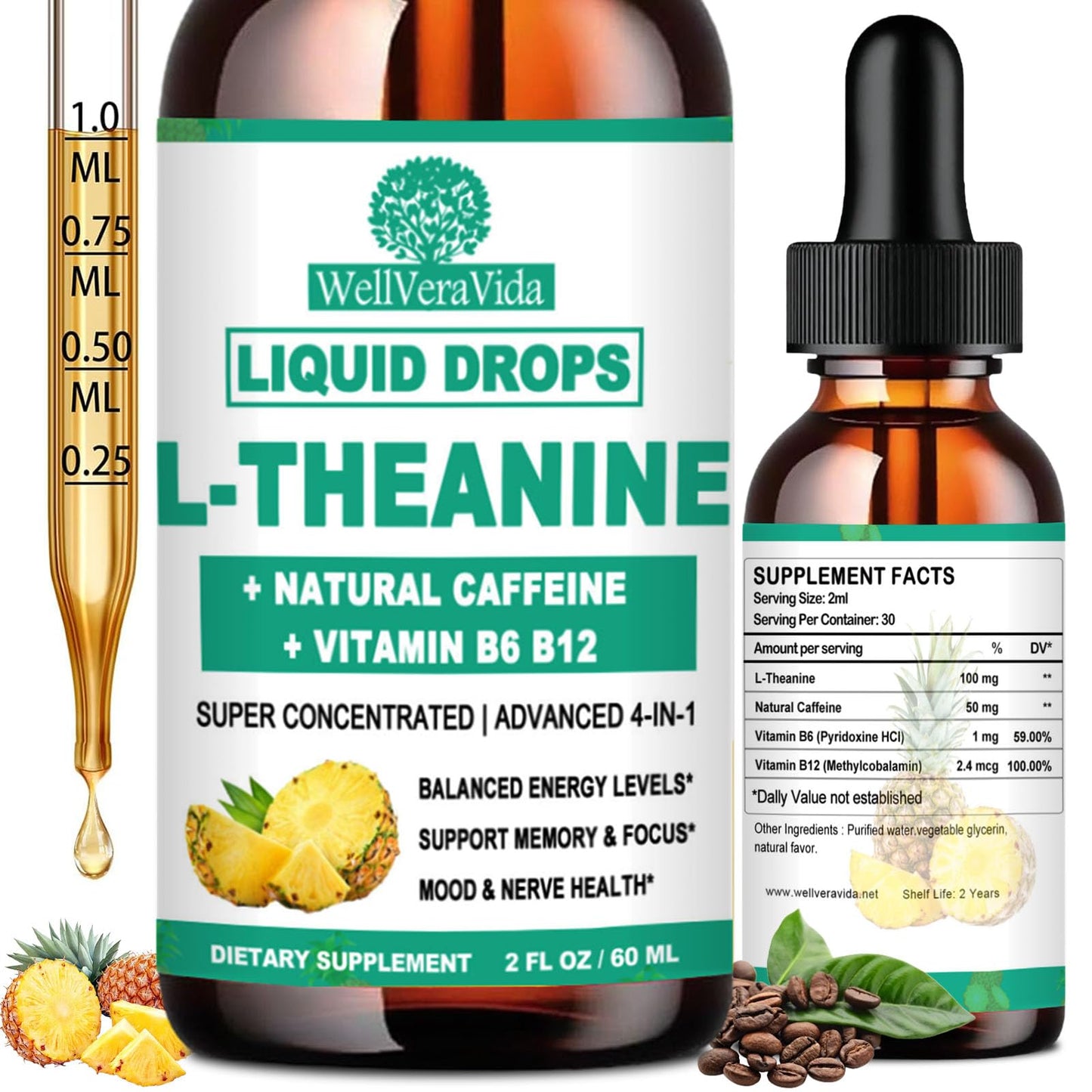 L-Theanine Caffeine Liquid Drops – High Potency 100mg L-Theanine + Caffeine, B12 & B6 | Nootropic Energy & Focus