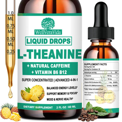 L-Theanine Caffeine Liquid Drops – High Potency 100mg L-Theanine + Caffeine, B12 & B6 | Nootropic Energy & Focus