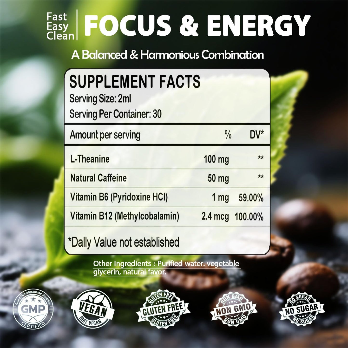 L-Theanine Caffeine Liquid Drops – High Potency 100mg L-Theanine + Caffeine, B12 & B6 | Nootropic Energy & Focus