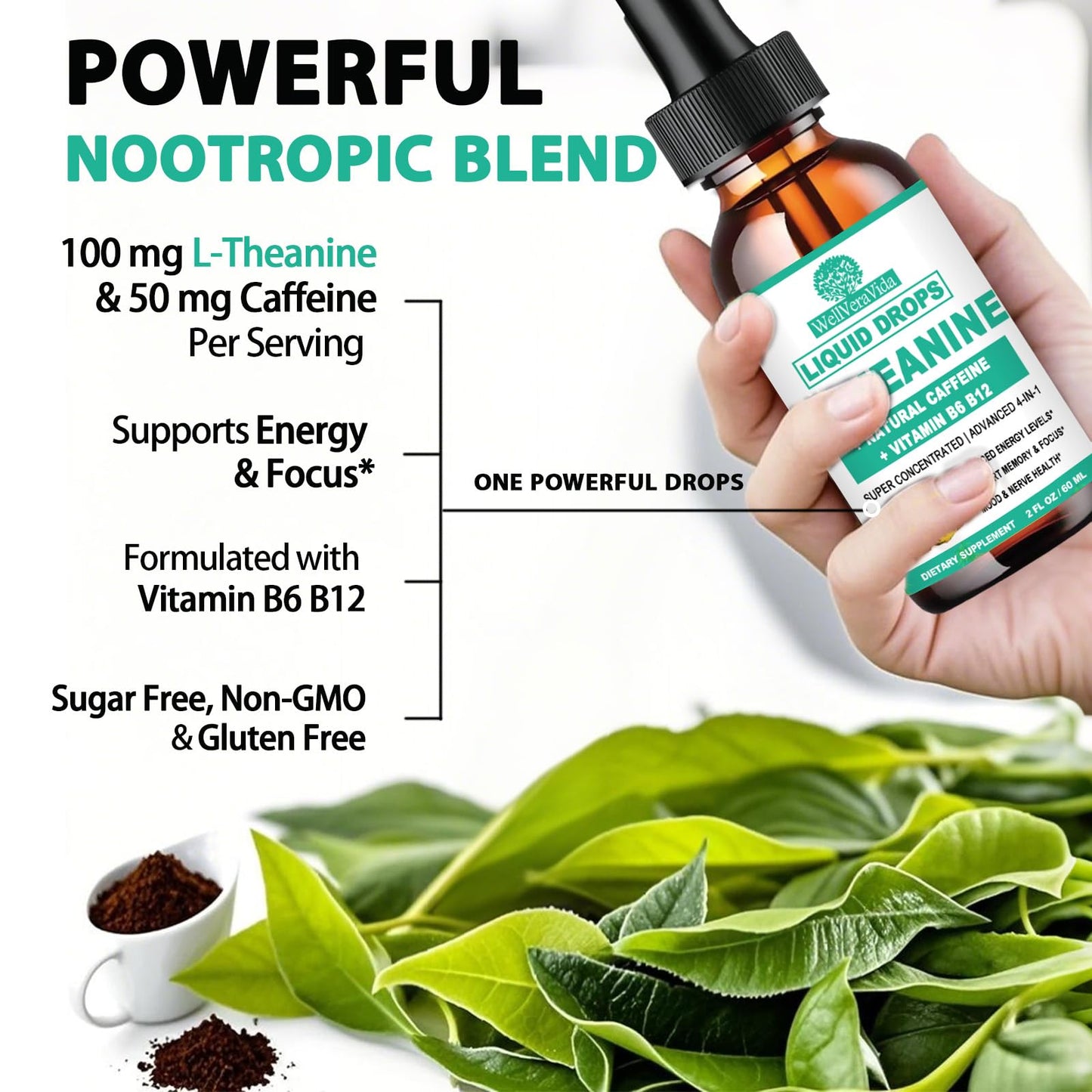 L-Theanine Caffeine Liquid Drops – High Potency 100mg L-Theanine + Caffeine, B12 & B6 | Nootropic Energy & Focus
