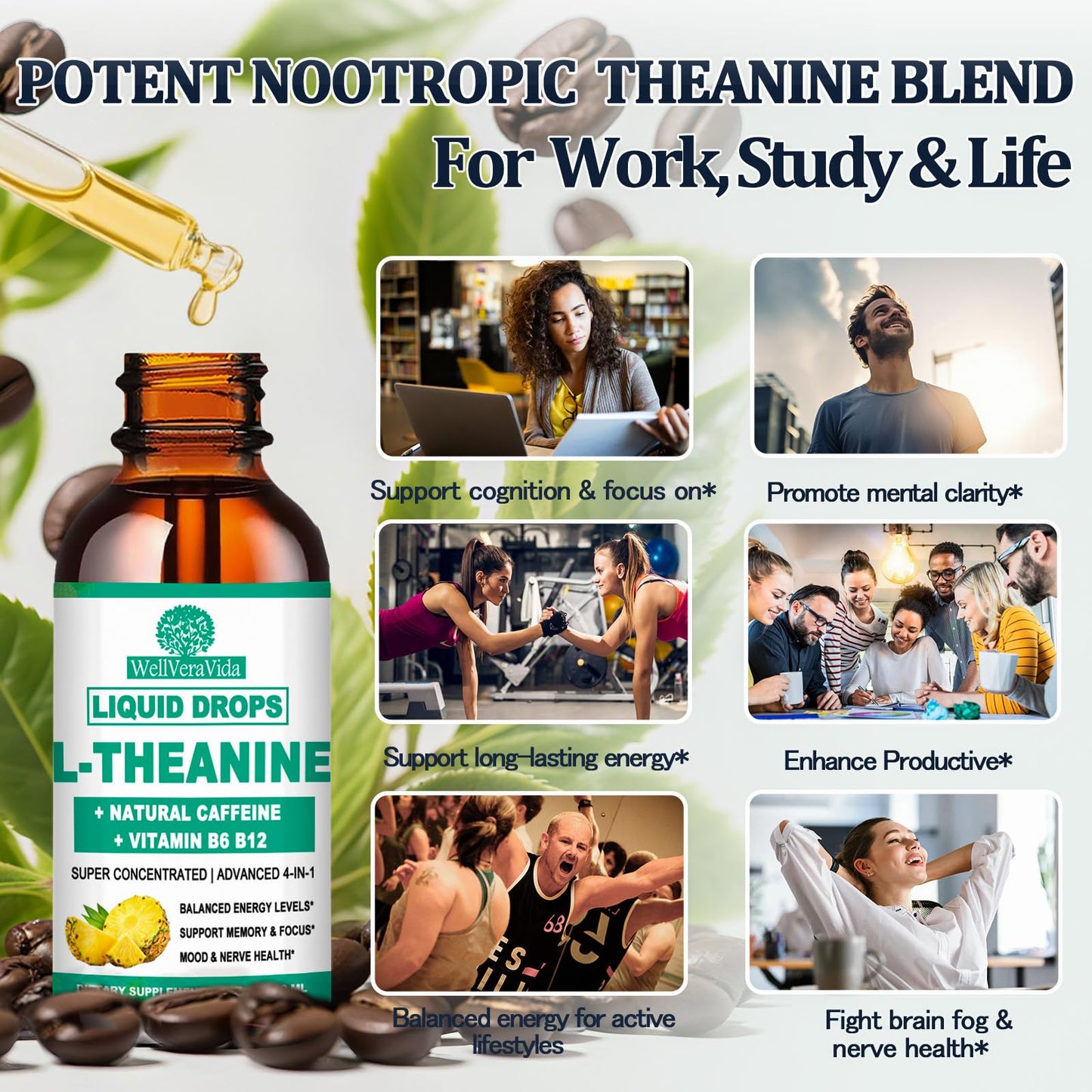 L-Theanine Caffeine Liquid Drops – High Potency 100mg L-Theanine + Caffeine, B12 & B6 | Nootropic Energy & Focus
