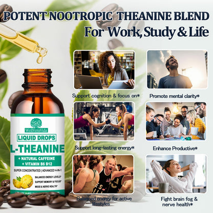 L-Theanine Caffeine Liquid Drops – High Potency 100mg L-Theanine + Caffeine, B12 & B6 | Nootropic Energy & Focus