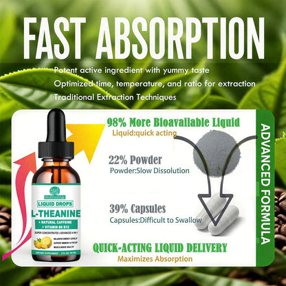 L-Theanine Caffeine Liquid Drops – High Potency 100mg L-Theanine + Caffeine, B12 & B6 | Nootropic Energy & Focus