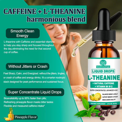 L-Theanine Caffeine Liquid Drops – High Potency 100mg L-Theanine + Caffeine, B12 & B6 | Nootropic Energy & Focus