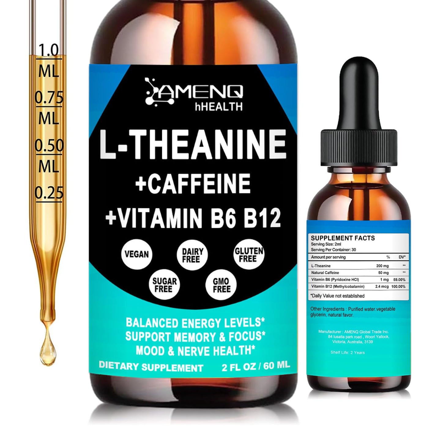 L-Theanine Caffeine Liquid Drops — Organic, Vegan, Gluten Free | 200mg L-Theanine, 50mg Caffeine