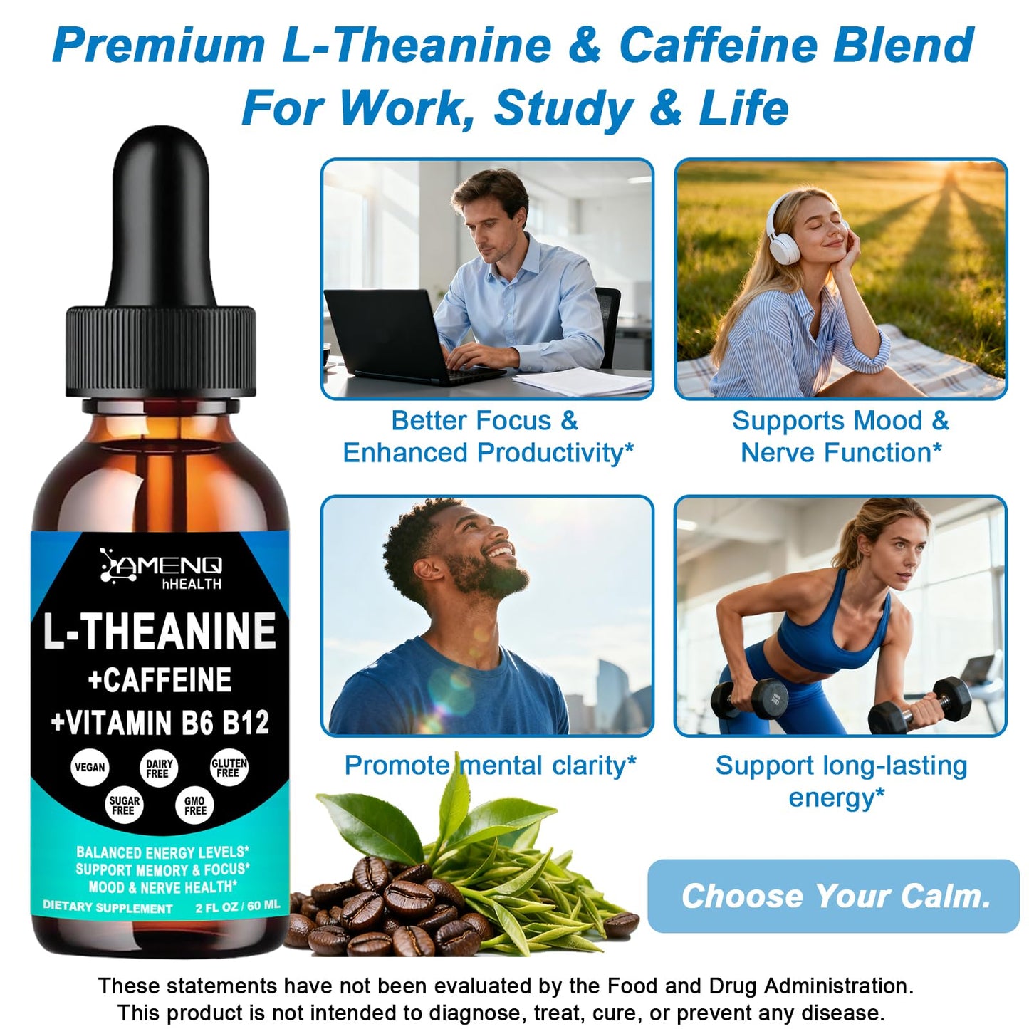 L-Theanine Caffeine Liquid Drops — Organic, Vegan, Gluten Free | 200mg L-Theanine, 50mg Caffeine