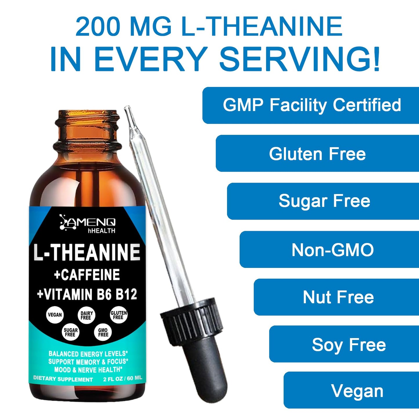 L-Theanine Caffeine Liquid Drops — Organic, Vegan, Gluten Free | 200mg L-Theanine, 50mg Caffeine