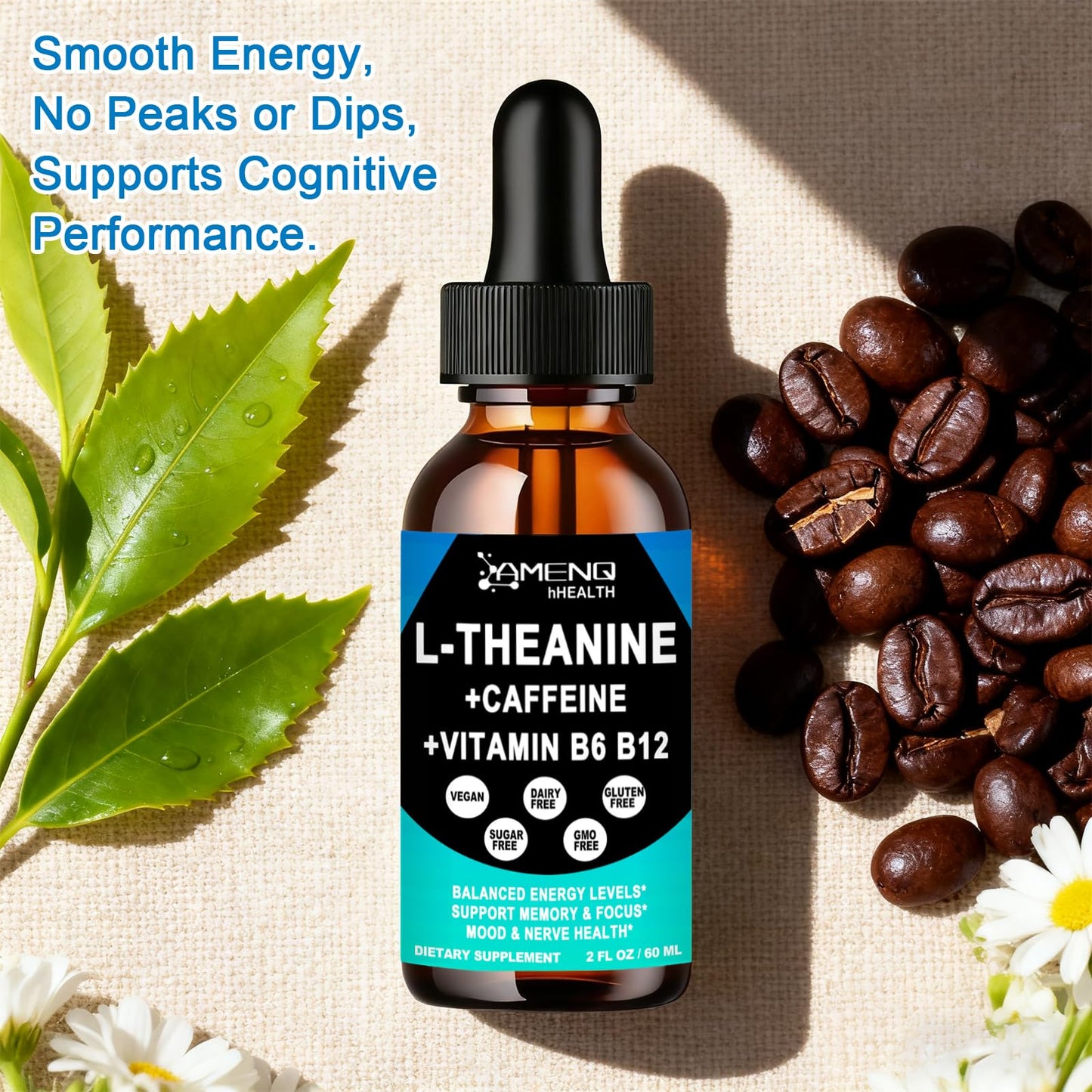 L-Theanine Caffeine Liquid Drops — Organic, Vegan, Gluten Free | 200mg L-Theanine, 50mg Caffeine