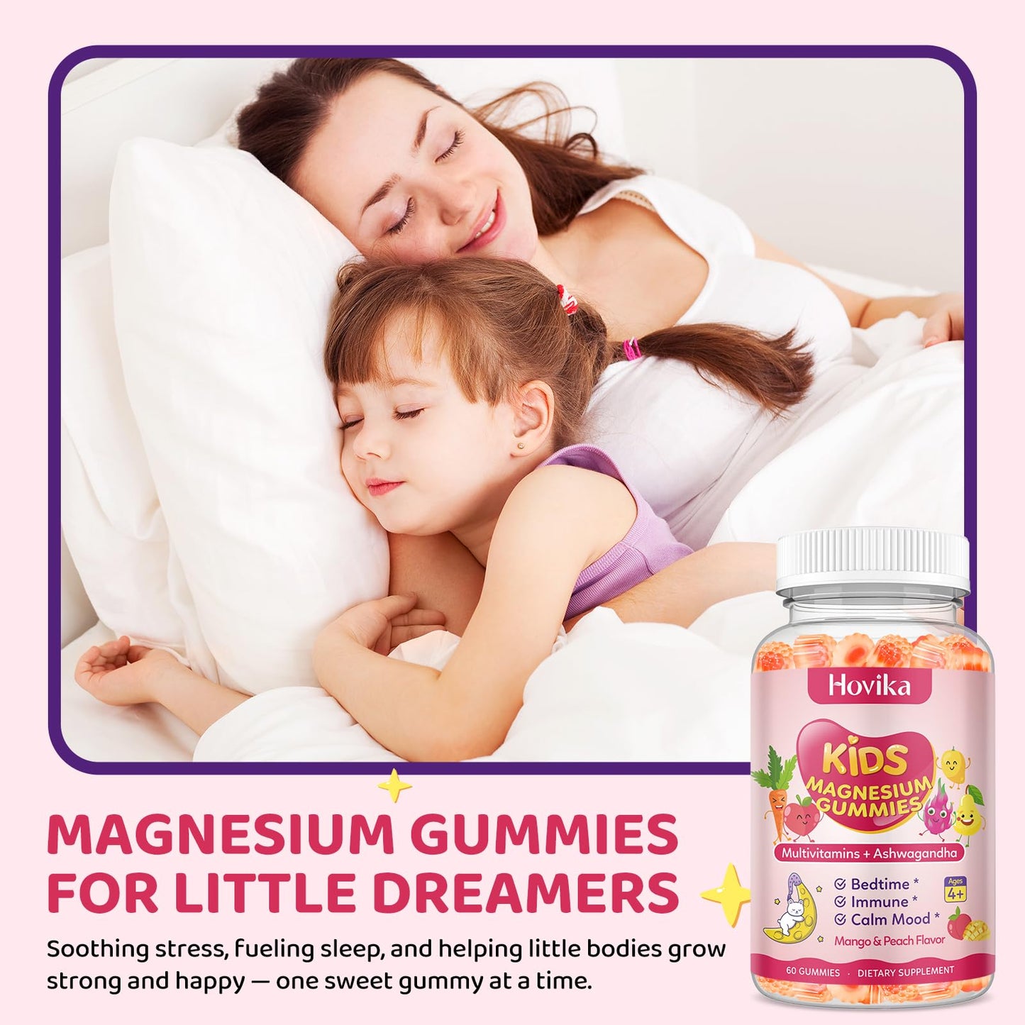 Magnesium Glycinate Gummies for Kids – Calm Sleep & Focus | L-Theanine, Chamomile & B Vitamins (Peach & Mango) 60 ct