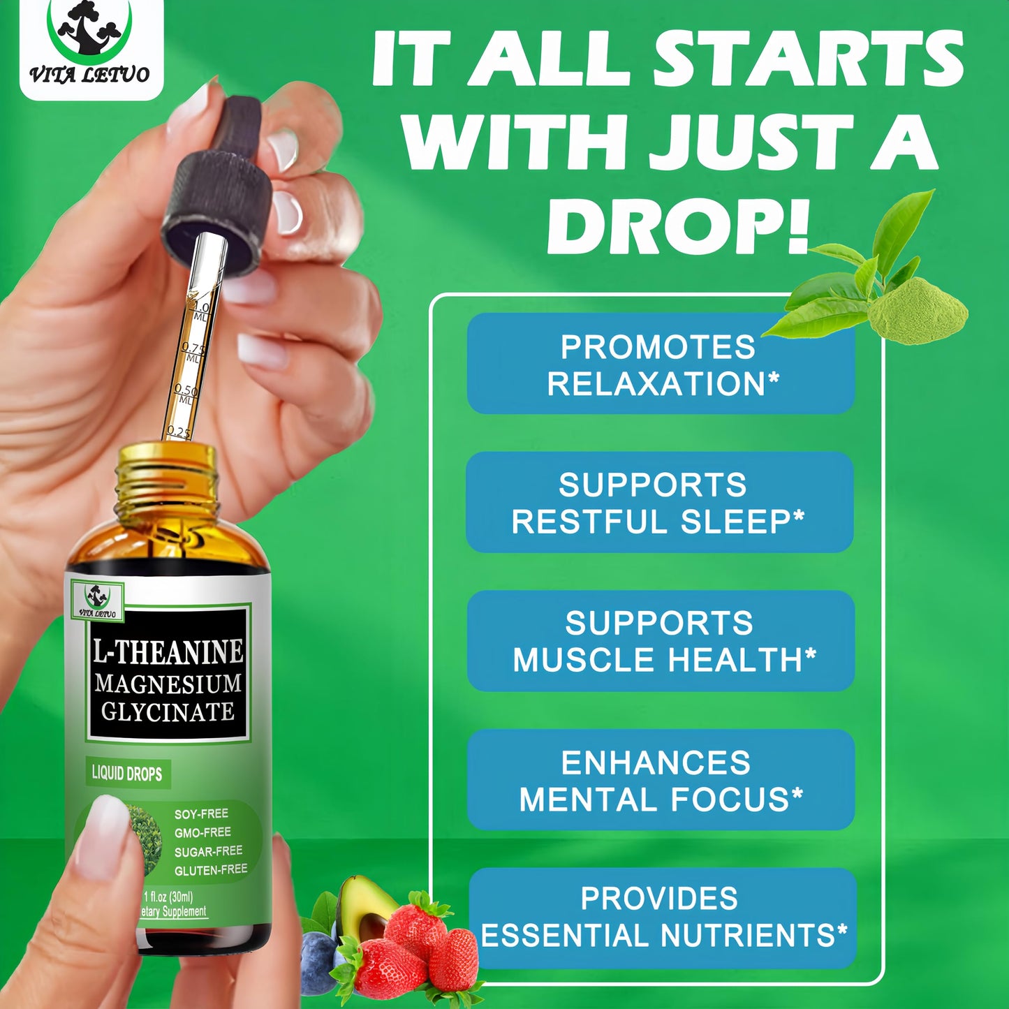 L-Theanine Drops 200mg with Magnesium Glycinate – Plant-Based, Non-GMO | Relaxation, Sleep & Digestive Support