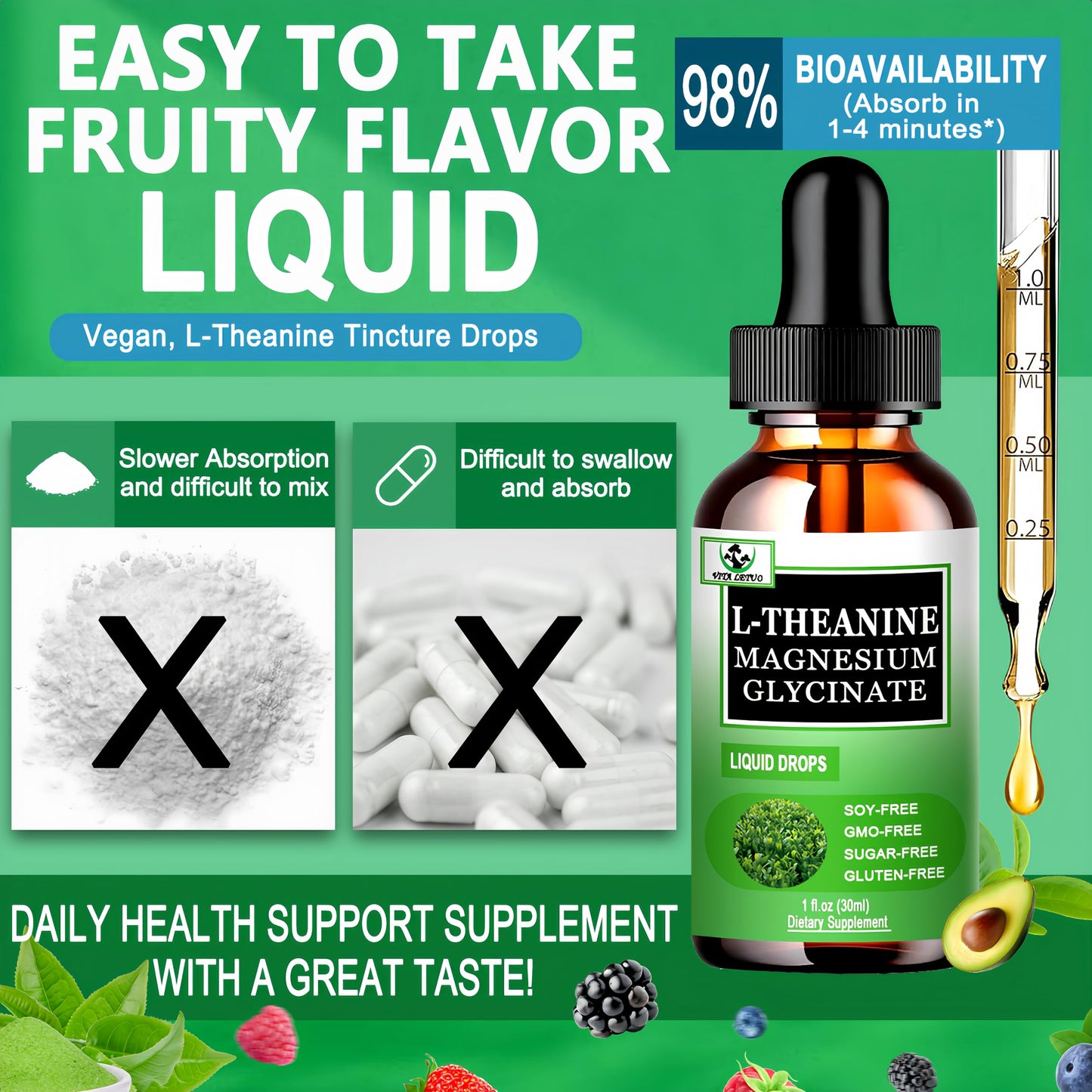 L-Theanine Drops 200mg with Magnesium Glycinate – Plant-Based, Non-GMO | Relaxation, Sleep & Digestive Support