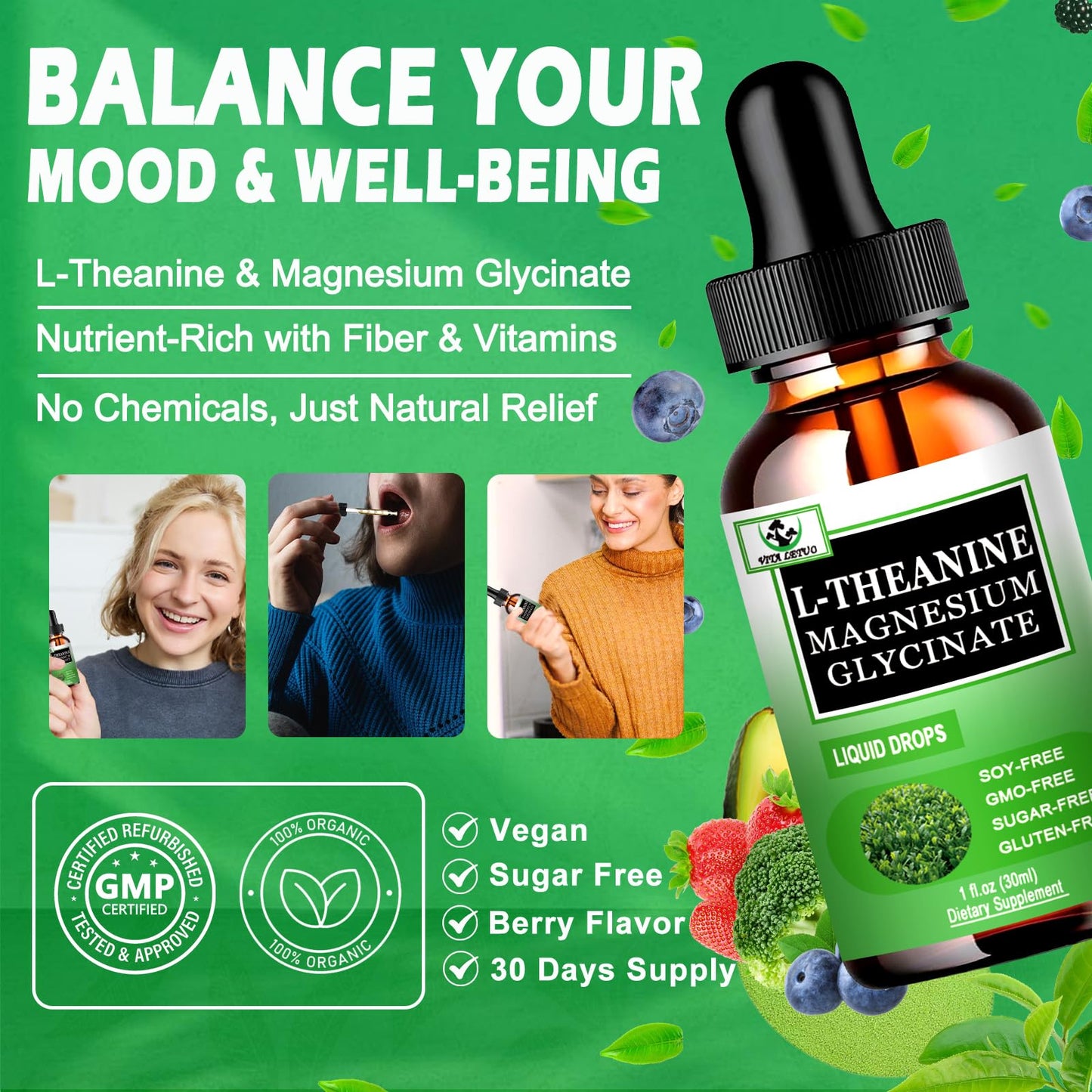L-Theanine Drops 200mg with Magnesium Glycinate – Plant-Based, Non-GMO | Relaxation, Sleep & Digestive Support