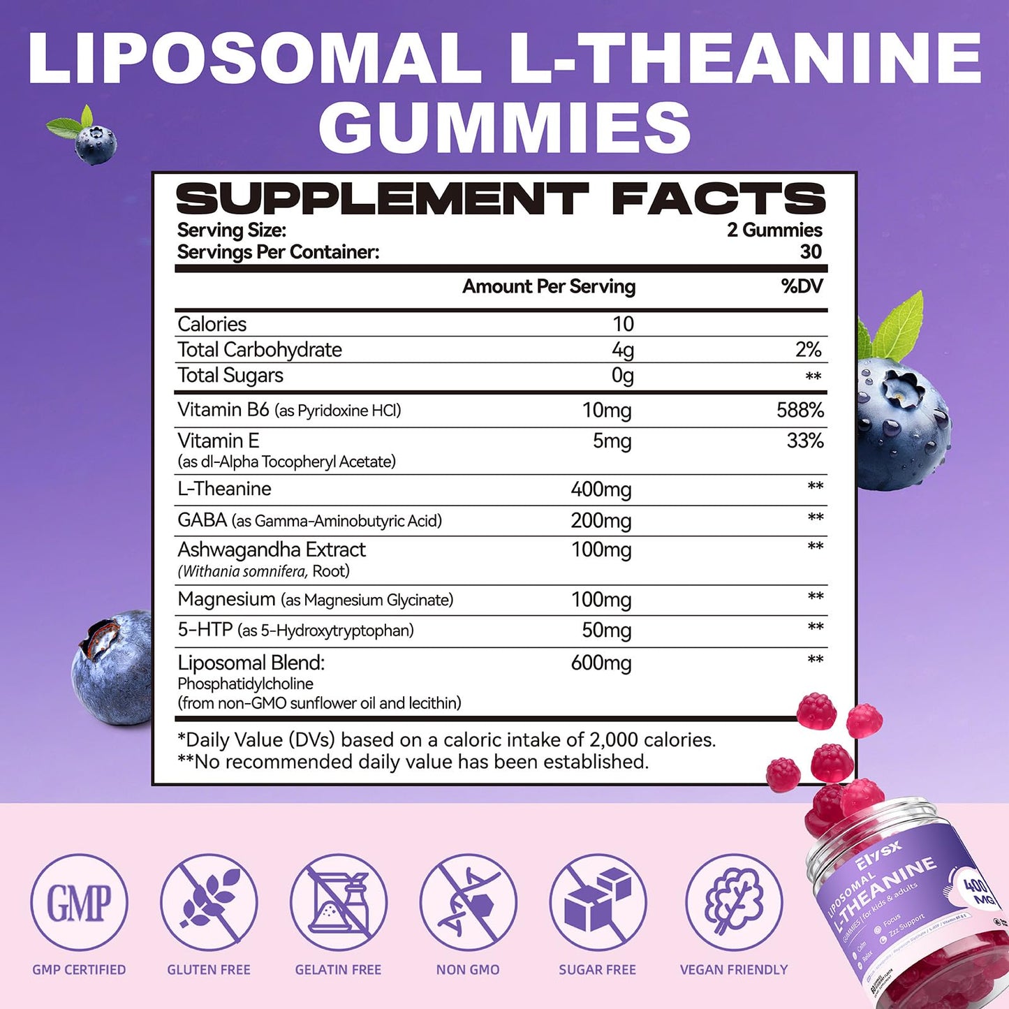 Liposomal L-Theanine Gummies with GABA - 400mg, Blueberry, 60 Count | Stress Relief & Focus