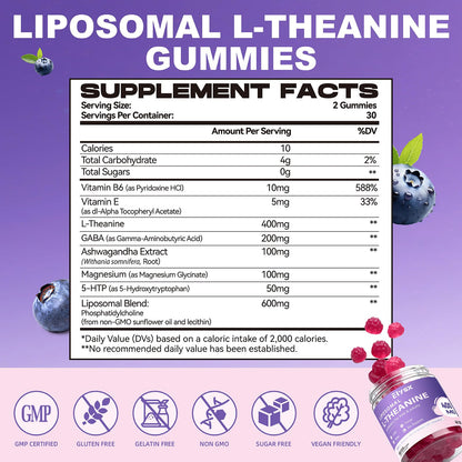 Liposomal L-Theanine Gummies with GABA - 400mg, Blueberry, 60 Count | Stress Relief & Focus