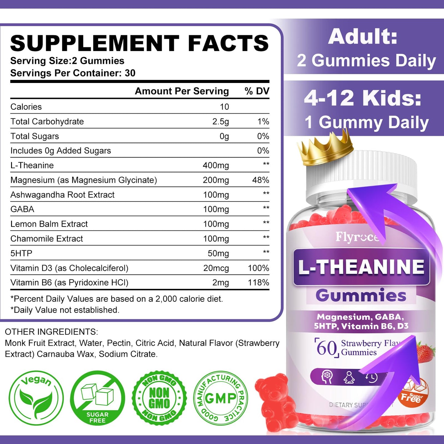 Sugar Free L-Theanine Gummies – 400mg (Ashwagandha, Magnesium, 5-HTP & GABA) – Vegan Strawberry | 60 Count