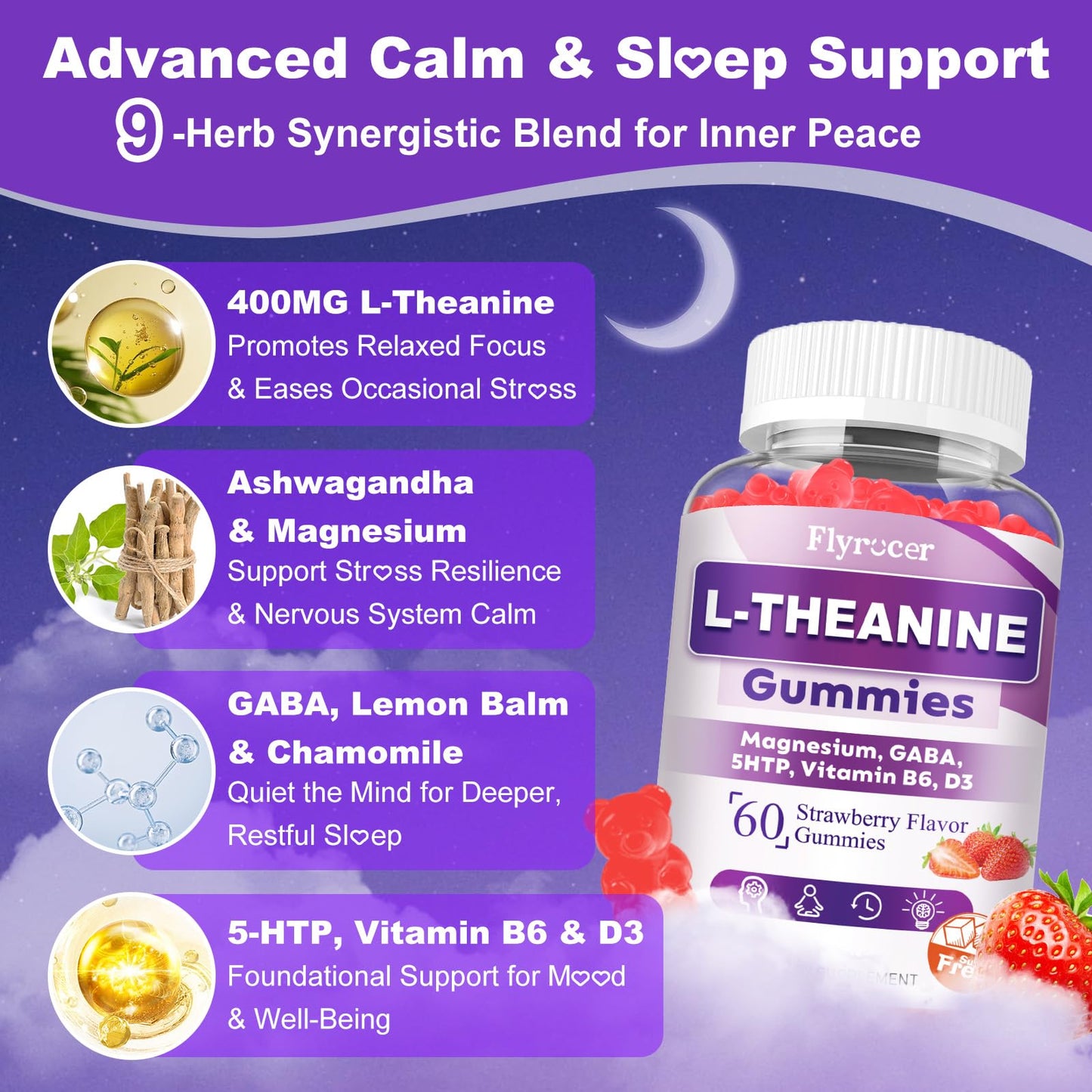 2 Pack L-Theanine Gummies - 400mg with Ashwagandha, Magnesium, 5-HTP & GABA | Vegan Strawberry Flavor | 120 Count