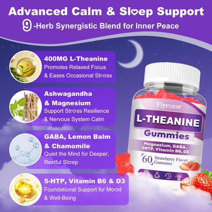 2 Pack L-Theanine Gummies - 400mg with Ashwagandha, Magnesium, 5-HTP & GABA | Vegan Strawberry Flavor | 120 Count