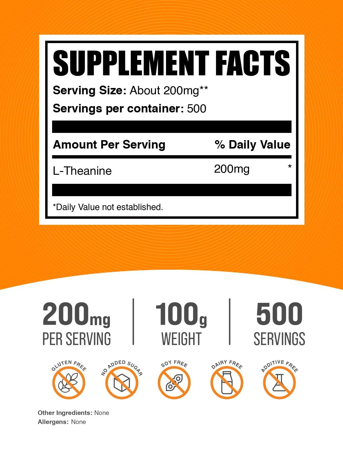 L-Theanine Powder 200mg – 100g (3.5 oz) Pure & Gluten Free | BulkSupplements