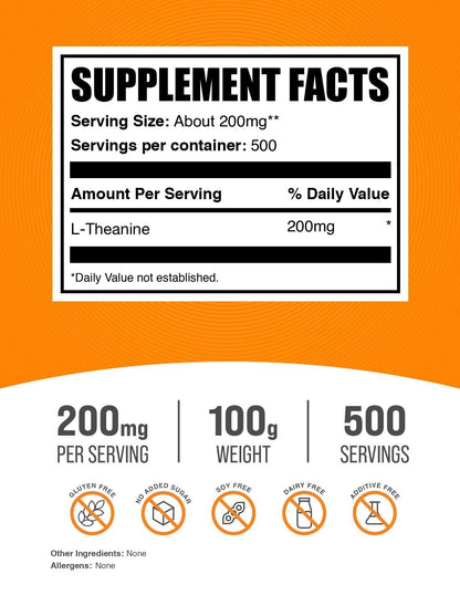 L-Theanine Powder 200mg – 100g (3.5 oz) Pure & Gluten Free | BulkSupplements