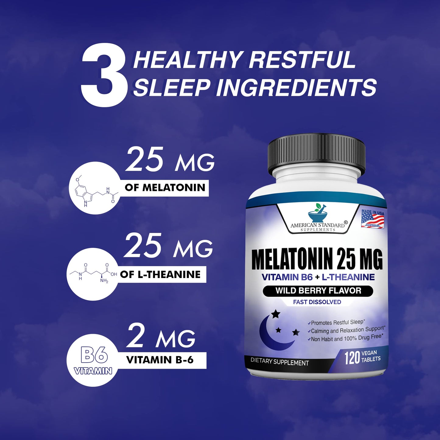 Melatonin 25mg Chewable Tablets with L-Theanine & Vitamin B-6 – 120 per Pack (Pack of 2) – Vegan, Non-GMO, Made in USA
