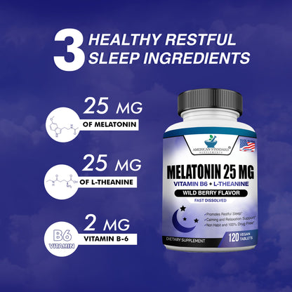 Melatonin 25mg Chewable Tablets with L-Theanine & Vitamin B-6 – 120 per Pack (Pack of 2) – Vegan, Non-GMO, Made in USA