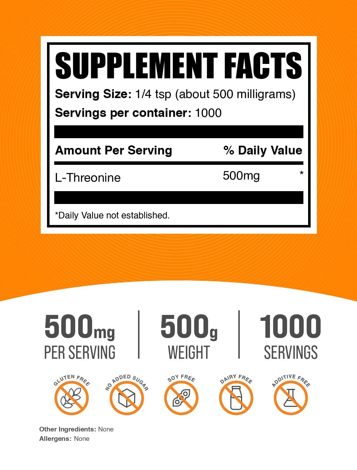 BulkSupplements L-Threonine Powder – 500mg per Serving, 500g (1.1 lbs) – Gluten Free