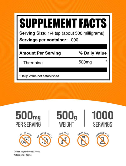 BulkSupplements L-Threonine Powder – 500mg per Serving, 500g (1.1 lbs) – Gluten Free