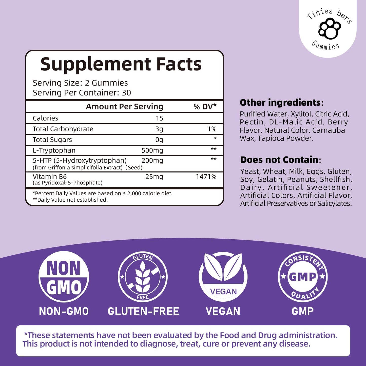 L-Tryptophan Gummies 500mg + 5-HTP 200mg - Sleep & Mood Support, Berry, 60 Count