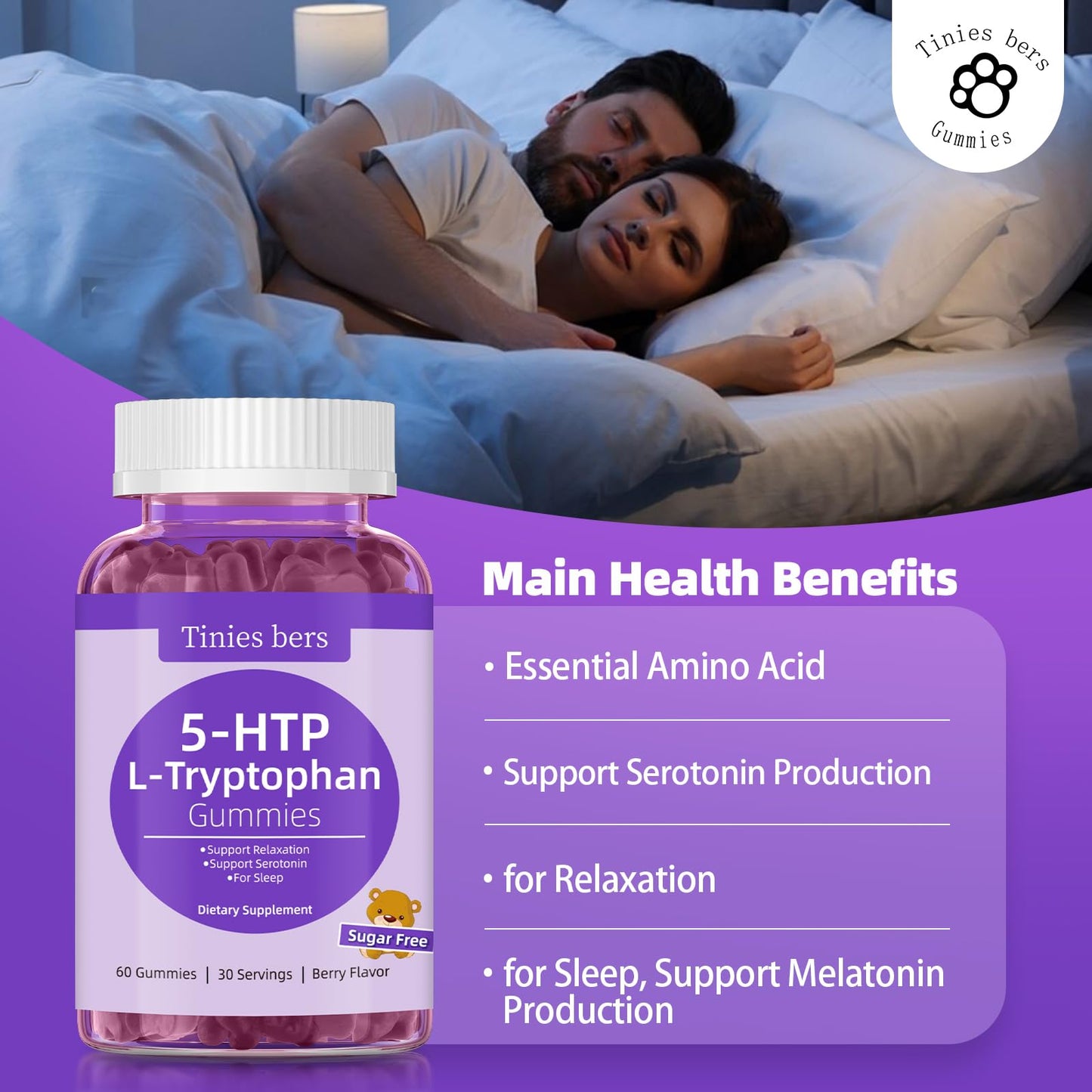 L-Tryptophan Gummies 500mg + 5-HTP 200mg - Sleep & Mood Support, Berry, 60 Count