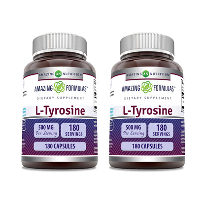 Amazing Formulas L-Tyrosine 500 mg Capsules - Non-GMO, Gluten Free, Made in USA (180-Count, 2-Pack)