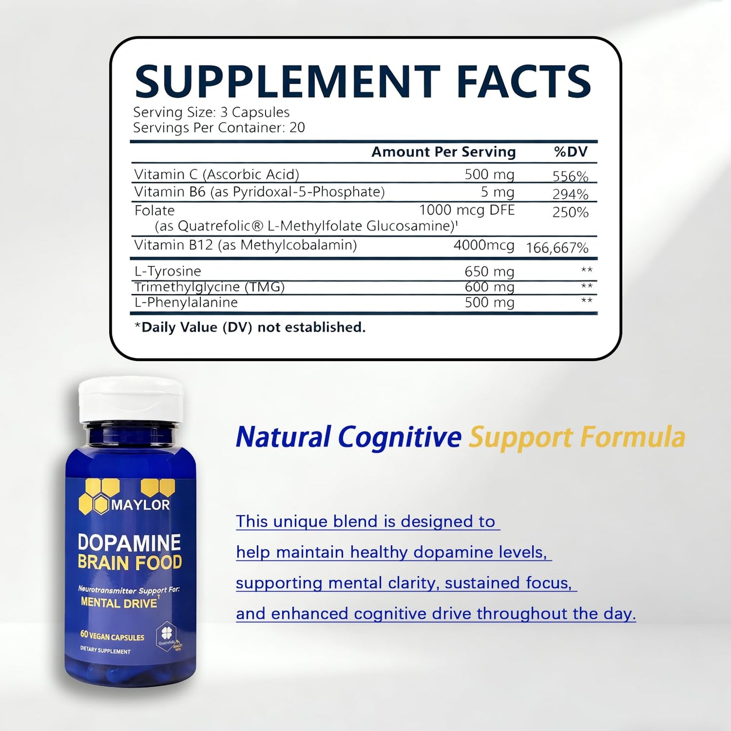 L-Tyrosine Dopamine Brain Food 650mg | Mental Energy & Focus (Vegan, 60 Count)