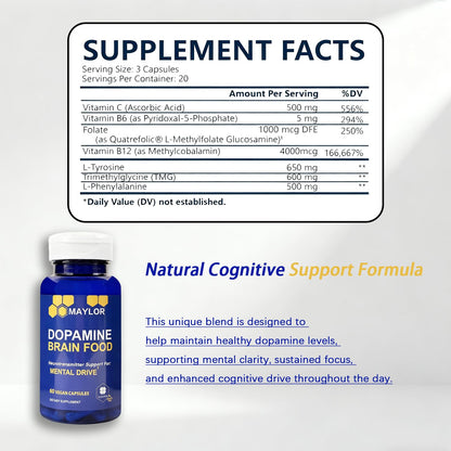 L-Tyrosine Dopamine Brain Food 650mg | Mental Energy & Focus (Vegan, 60 Count)