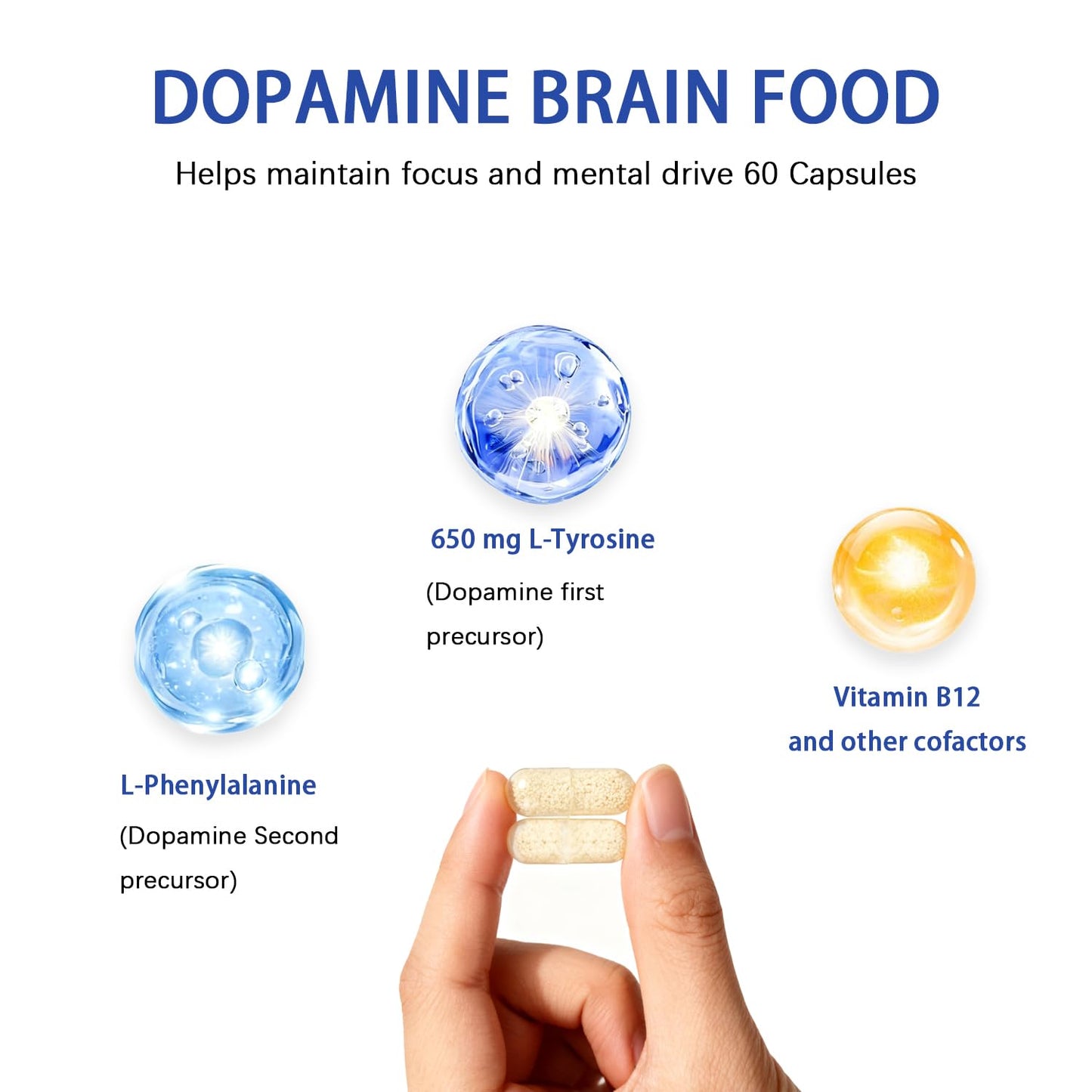 L-Tyrosine Dopamine Brain Food 650mg | Mental Energy & Focus (Vegan, 60 Count)