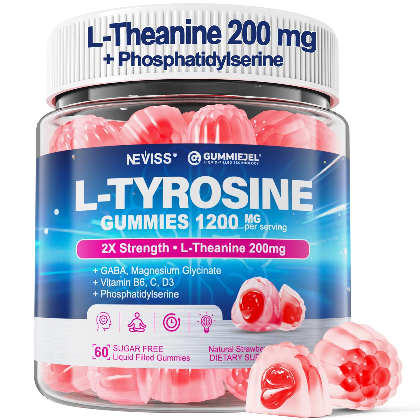 L Tyrosine Gummies 1200mg + GABA L-Theanine Calm & Focus – Vegan Brain Support