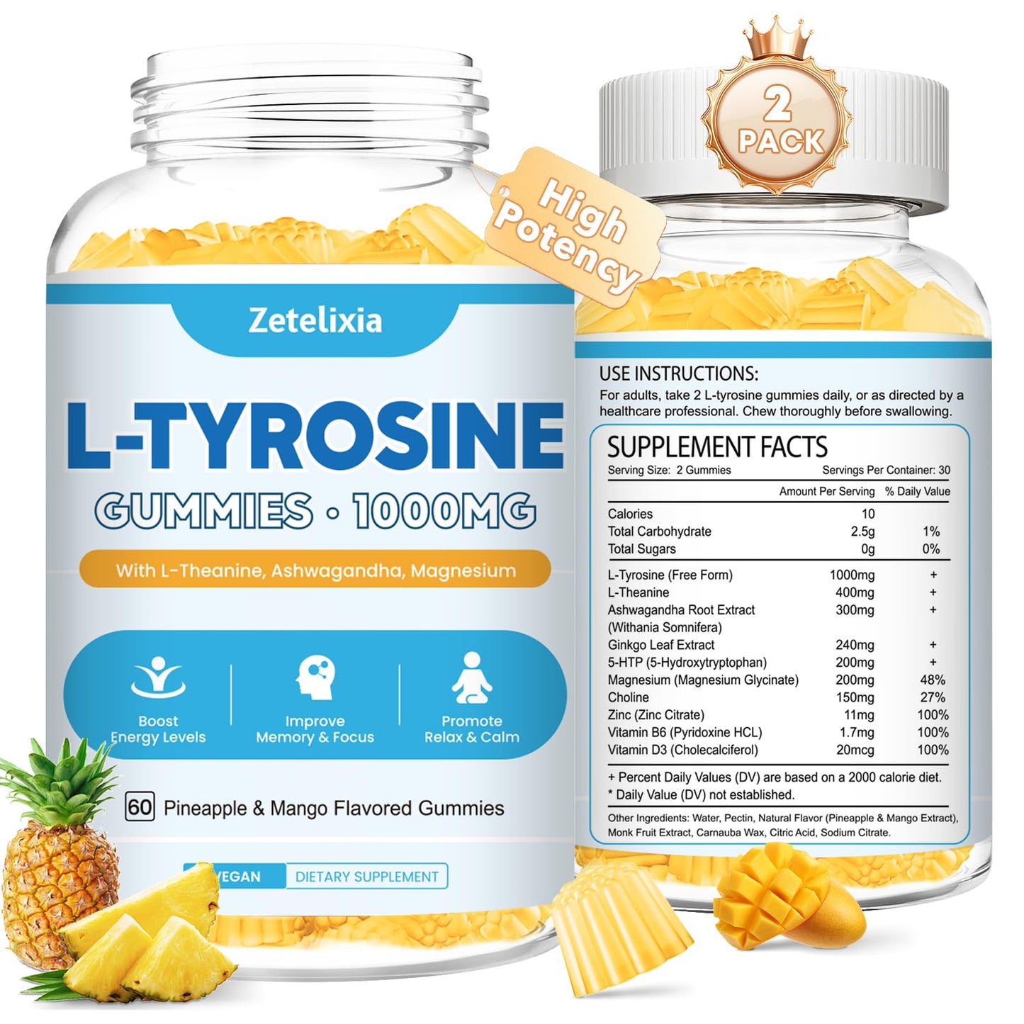L Tyrosine Gummies 2 Pack - L-Tyrosine + L-Theanine, B6 & D3 - Pineapple Mango 120 Ct